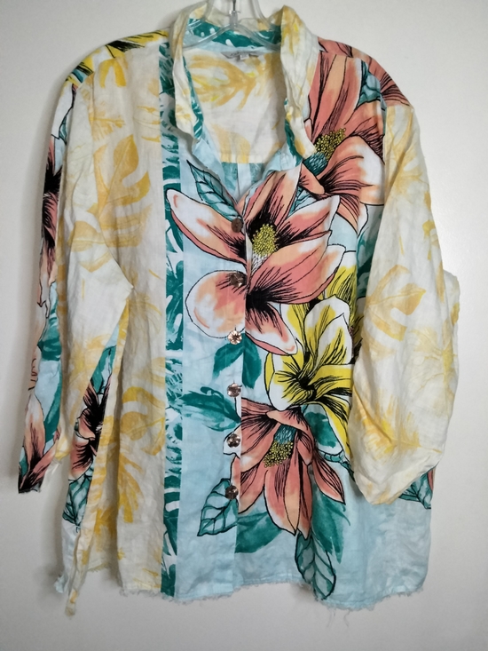 John Mark Tops - John Mark -Sz 2X- Multicolored Floral Linen Button-Down Front 3/4 Sleeve Shirt